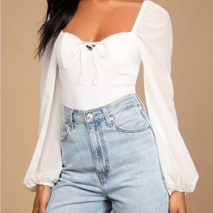 Never Tied Down White Lace-Up Long Sleeve Bodysuit
